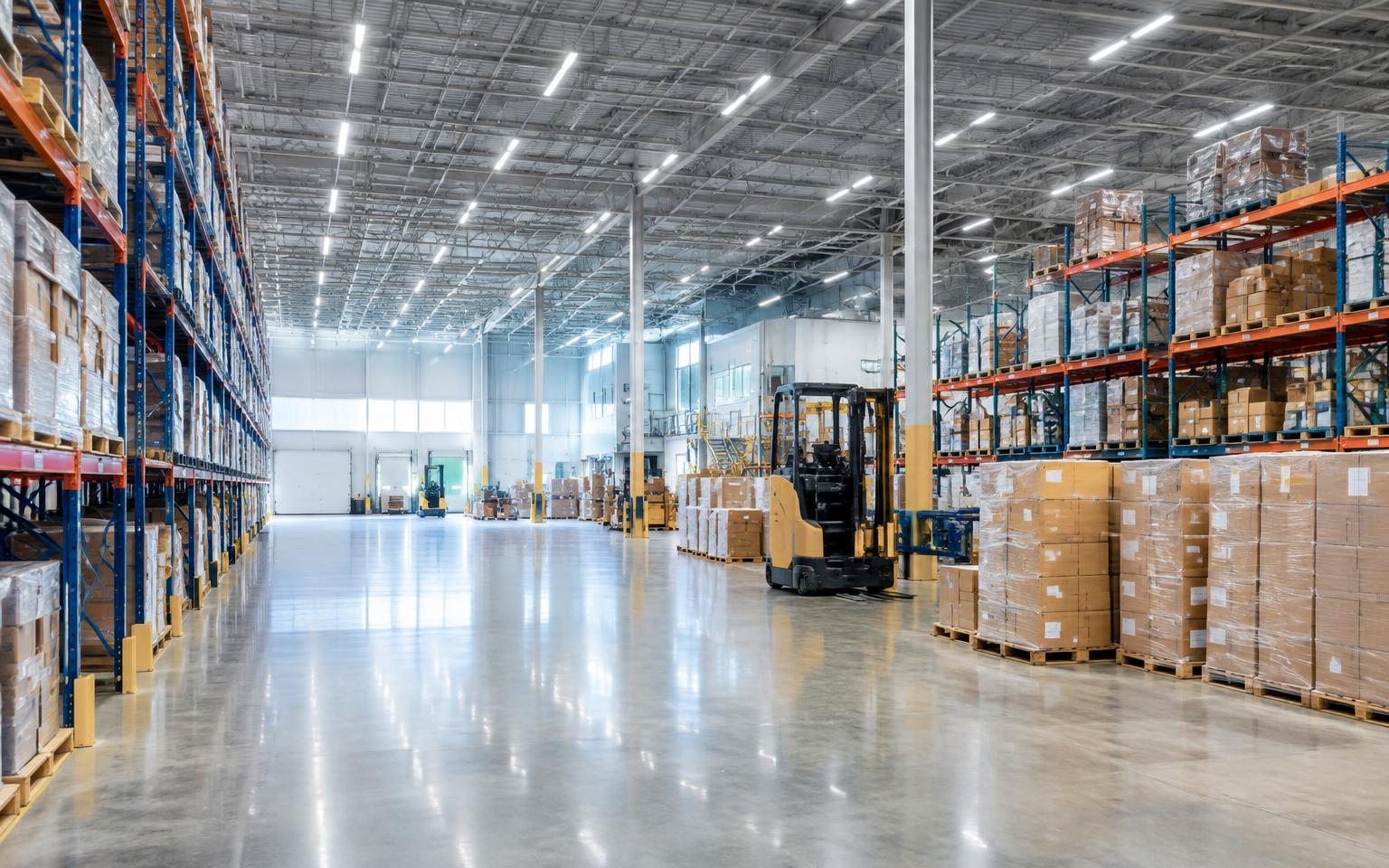 Bright commercial warehouse with modern high-bay LED lighting